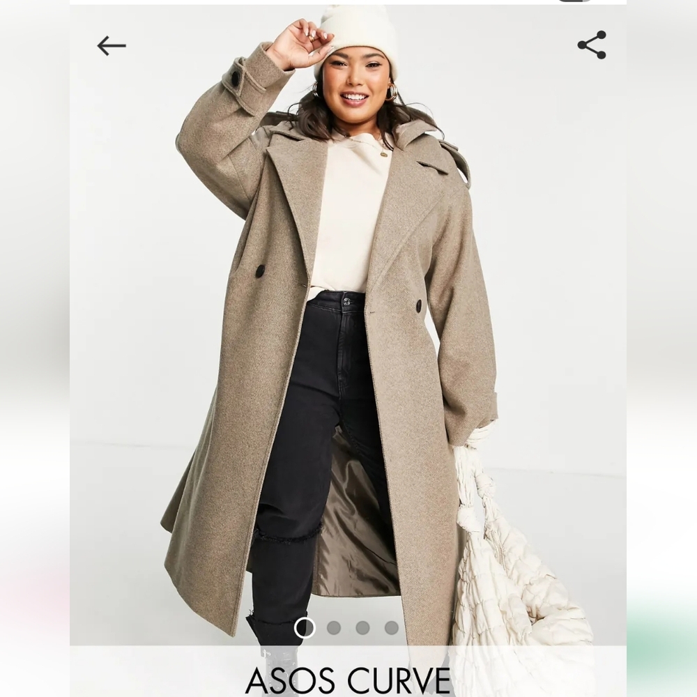 ASOS Curve slouchy belted coat with hood in mushroom